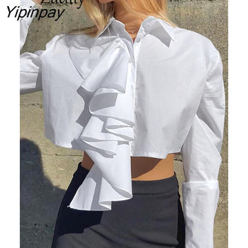 Yipinpay 2023 Spring Elegant Long Sleeve Women Whiter Shirt England Style Y2K Ruffles Button Up Woman Crop Tops Blouse Clothing